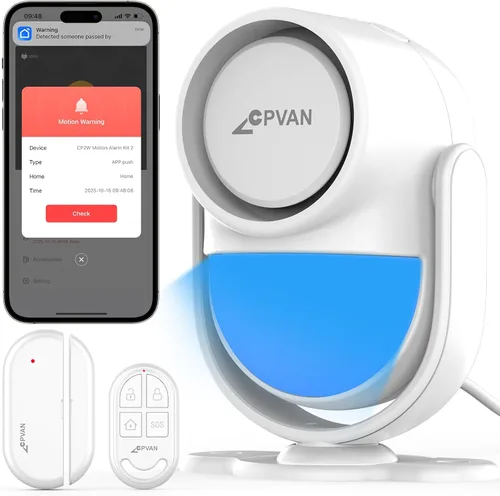 Vista 10 de CPVAN Alarma de Sensor de Movimiento de Alto Volumen de 125dB con Control Remoto de 328 pies (Detector PIR de 40 pies, Baterías), Detector