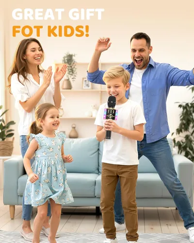 Vista 7 de Amazmic Máquina de Micrófono de Karaoke para Niños, Micrófono Bluetooth Portátil, Micrófono de Karaoke Inalámbrico de Mano con Luces LED, Regalo
