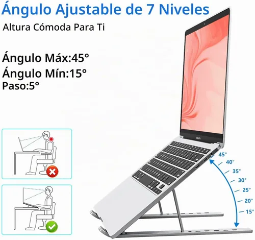 Vista 4 de Soporte para computadora portátil para escritorio, altura y ángulo ajustables, elevador portátil de aluminio para laptop y soporte para monitor