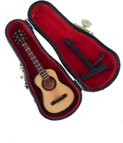 Vista 3 de Guitarra miniatura de madera con soporte y estuche, mini instrumento musical, réplica de guitarra, figuras coleccionables, accesorios de casa