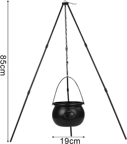 Vista 2 de Caldero de brujas de Halloween, caldero de brujas de plástico negro en trípode con luz LED verde, decoración colgante de Halloween Hocus Pocus