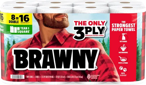 Vista 12 de Brawny Tear-A-Square - Toallas de papel cuadradas de 3 capas, 6 rollos dobles = 12 rollos regulares, fuertes, absorbentes y duraderas con 3 tamaños