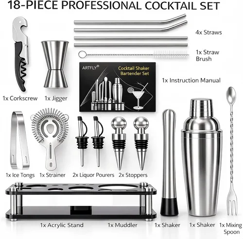 Vista 2 de Juego de coctelera, kit de camarero de 18 piezas con soporte acrílico, juego de barra de acero inoxidable 18/8 con coctelera de Martini, jigger