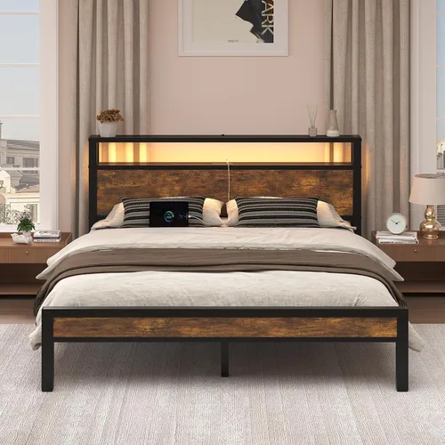 Vista 14 de LoVinson Full Size Bed Frame with Charging Station and LED Light, Metal Platform Bed with Storage Headboard, Noise Free, No Box Spring Needed, Easy