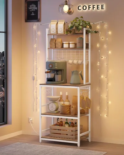 Vista 2 de VASAGLE Estante de panadería con toma de corriente, soporte para microondas, estante de almacenamiento de utilidad alto para cocina, con panel