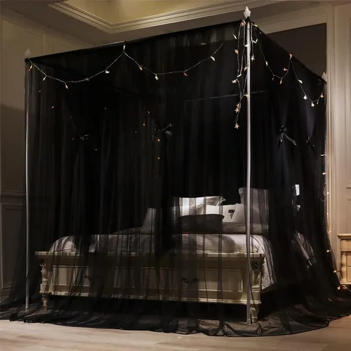 Vista 4 de VETHIN - Dosel de cama de 4 esquinas con diseño de princesa, cortina de cama de doble capa con diseño de red acogedora, mosquitero de 4 aberturas
