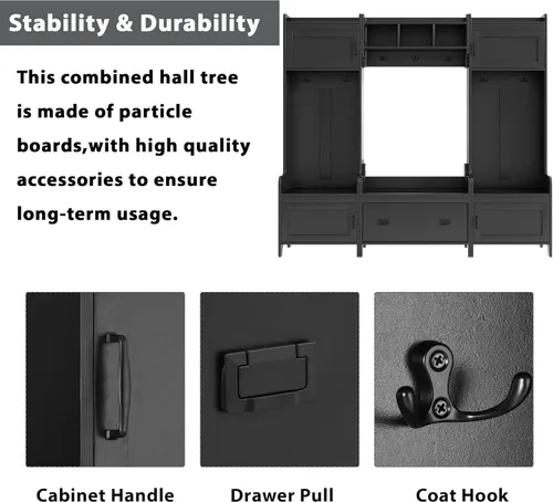 Vista 5 de Merax Árbol de pasillo perchero de pasillo 4 en 1 de estilo moderno con múltiples funciones con siete ganchos negros de metal banco de entrada árbol