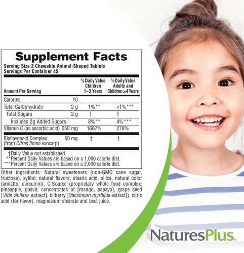 Vista 5 de NaturesPlus Animal Parade Vitamina C Masticable para niños, sabor a jugo de naranja natural, 90 tabletas en forma de animal, vegano, vegetariano