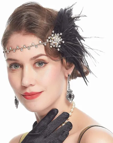 Vista 2 de Cizoe (ab2) - Juego de accesorios de estilo Gatsby de la década de 1920, para mujer, diadema de estilo flapper, tocado, collar, guantes