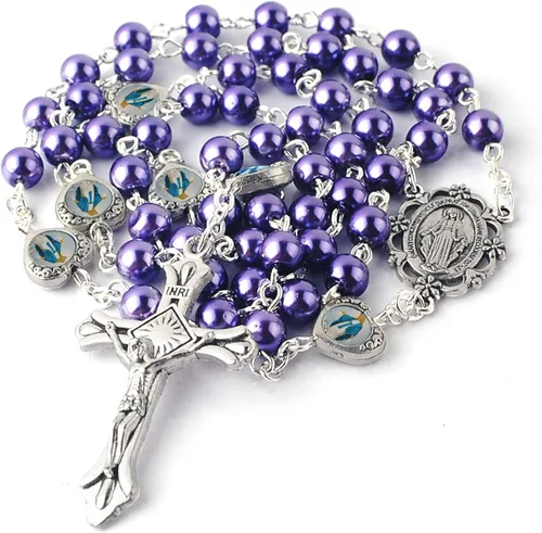 HanlinCC Cuentas de perlas de vidrio con corazón de epoxi milagroso cuentas de metal paquete de collar de rosario en bolsa de regalo de terciopelo