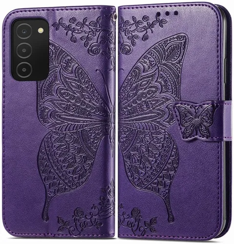 Vista 2 de Funda para teléfono Galaxy A03S, diseño de mariposa en relieve de piel sintética, con ranuras para tarjetas, con correa para muñeca, color morado