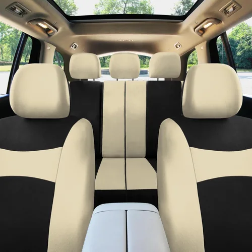 Vista 12 de Juego de fundas de asiento para automóvil, color beige, negro, ajuste universal, con funda para volante y almohadilla para cinturón de seguridad