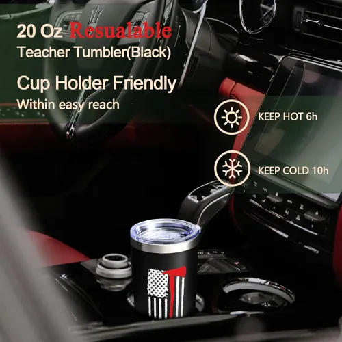 Vista 4 de LiqCool - Regalos de bomberos para hombres, vaso de viaje con diseño de bandera de línea roja fina, regalos geniales de bombero para marido