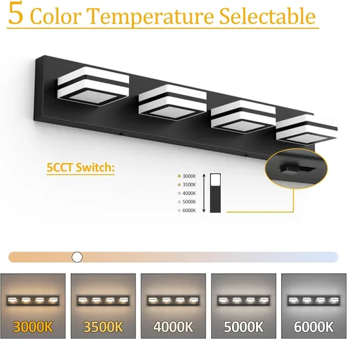 Vista 2 de Ralbay - Luces de tocador de baño de 5 temperaturas de color ajustables, negras, 4 luces, acrílicas, modernas, LED, mate, accesorios de iluminación