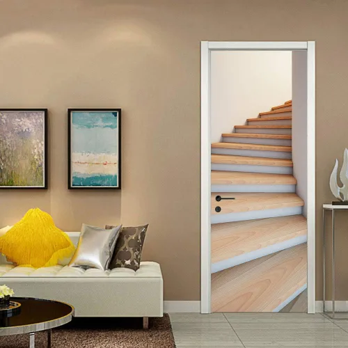 Vista 9 de 3D Pegatina de pared adhesiva para puerta - Poster de película de escaleras antiguas Premium PVC impermeable para pared de dormitorio y sala