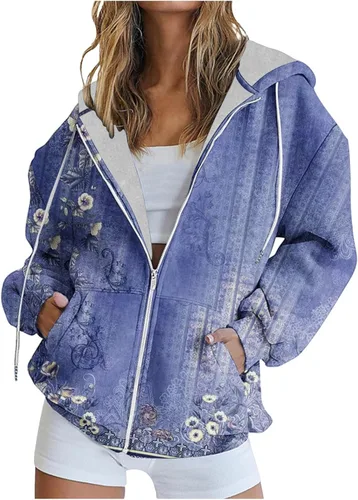 Sweatshirts Hoodies for Women Vintage Floral Print Zip Up Fall Trendy Clothing Y2K Loose Fit Casual Pocketed Outfits