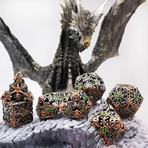 Vista 5 de HAOMEJA Dados de flores de metal hueco DND 7 Set Dados de juego de rol D&D Cobre rojo antiguo
