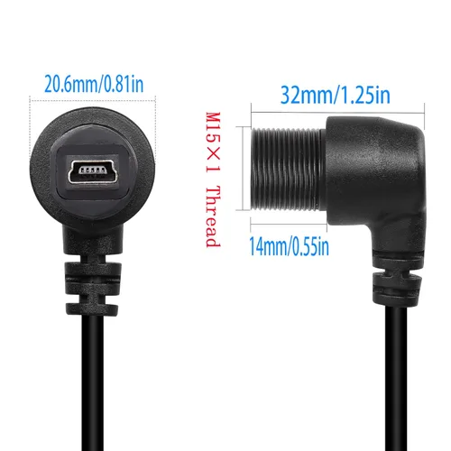 Vista 5 de QIANRENON Cable de extensión mini USB en ángulo de 90 grados, impermeable, mini USB de 5 pines, ángulo recto, macho a hembra, cable de montaje