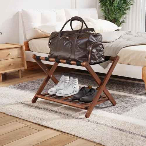 Vista 7 de Smuxee Portaequipajes de nogal totalmente montado, soporte de maleta plegable de bambú mejorado con 5 correas de nailon, soporte de equipaje