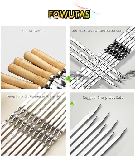 Vista 3 de Brochetas de barbacoa de metal plano de 23.6 pulgadas, mango de madera, mango de madera de acero inoxidable, juego de parrilla reutilizable