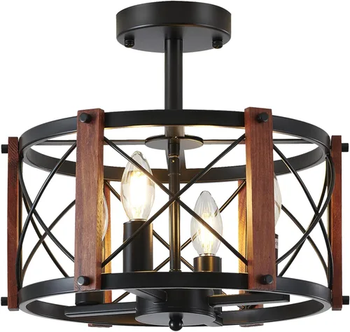 Vista 8 de Lámpara de techo semiempotrada rústica de 4 luces, moderna para entrada, pasillo, lámparas de cocina con tambor de madera de roble, luces negras