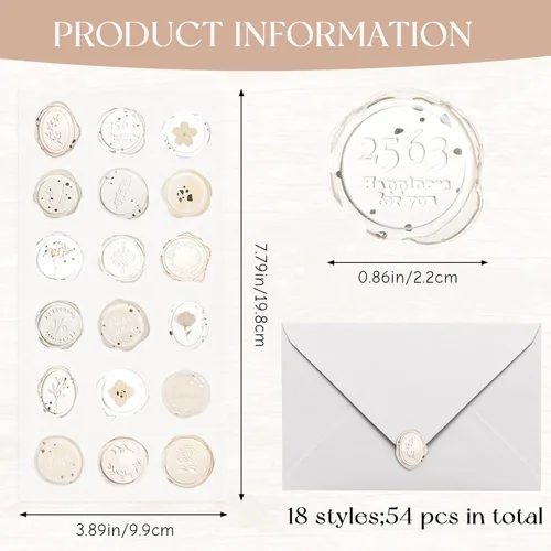 Vista 2 de Calcomanías de sello de cera ámbar transparente, 54 piezas de sellos de sobres con temática floral, calcomanías adhesivas para Navidad, invitaciones