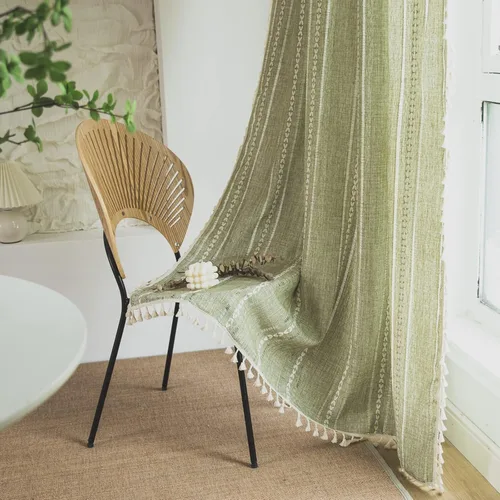 Vista 36 de Sutuo Home Cortinas de puerta francesa para puerta de patio, cortinas de lino semiopacas bohemias con borlas, tiras de granja a cuadros, decoración