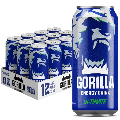 Gorilla Energy - Bebida energética original, sin azúcar y con 200 mg de cafeína natural, L-teanina, taurina, ginseng, acetil L-carnitina, vitaminas