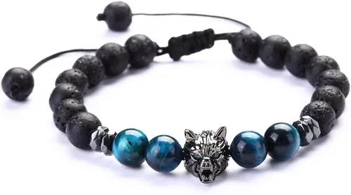 CEYIYA Viking Wolf Head Bracelet - Anti Anxiety Energy Stone Beaded Bracelet for Men and Boys,Healing Crystal Stress Relief Charm Wolf Bracelet for