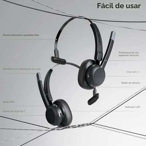 Vista 5 de LEVN Auriculares para Camionero, Auriculares Bluetooth para Camionero con Micrófono de Cancelación de Ruido y Botón de Silencio, Auriculares