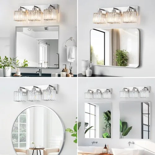 Vista 2 de Moderna lámpara de tocador de baño, 3 luces, moderna lámpara de baño de cristal cromado sobre espejo, iluminación de tocador de baño cromada