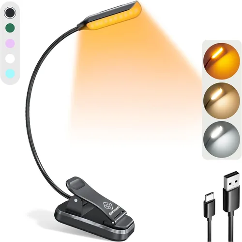 Vista 8 de Glocusent Willow Book Light, 10 LED, 3 colores y 3 niveles de brillo, recargable, ligero, con clip, diseño moderno, blanco puro, material ABS