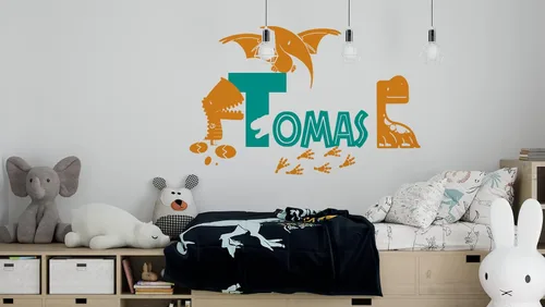 Calcomanía de pared de dinosaurios con nombre personalizado para niños | Adhesivo de vinilo personalizado | Desprendible y pega