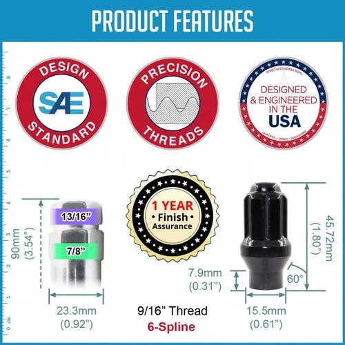 Vista 6 de Wheel Accessories Parts 20 piezas de 9/16 "-18 roscas ET Bulge Bellota (rosca extra) 1.80" de largo, tuercas estriadas negras hexagonales