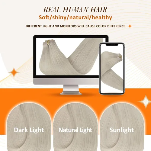 Vista 7 de Full Shine Extensiones de cabello humano con clip, color rubio sin costuras, extensiones de cabello rubio invisible con clip, trama de poliuretano