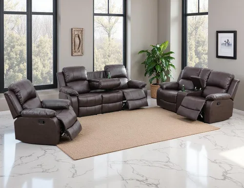 Vista 22 de Juego de sofá reclinable manual de cuero, juego de sofá reclinable negro, juego de muebles de sala de estar, sofá biplaza reclinable