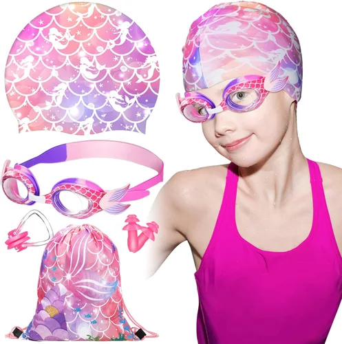Ramede Gorro de natación con gafas de natación y bolsa de almacenamiento para niños (edad 3-12), gorro de natación y baño impermeable de silicona
