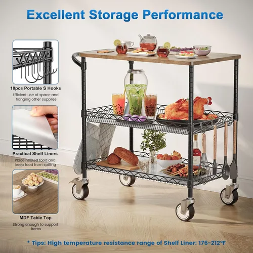 Vista 6 de Leteuke Carritos de cocina rodantes con ruedas, 34" L x 17.5" A, carrito utilitario resistente de 3 niveles con tablero de madera, carrito