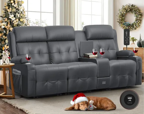 Vista 11 de Sofá reclinable, sofá reclinable con masaje de 3 plazas con gran capacidad de peso, sofá de dos plazas para RV con espacio libre con consola, USB