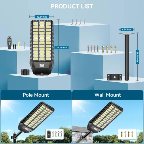 Vista 7 de VOOJOY Luz solar de calle de 12000 W para exteriores, luces solares de grado comercial al aire libre, IP67 impermeable, luces de estacionamiento