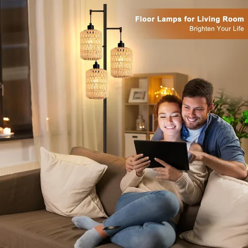 Vista 6 de QIYIZM - Lámpara de pie con diseño de árbol de 3 bombillas; alta, rústica, estilo rural, industrial y boho, pantalla de mimbre y bambú; para sala