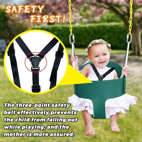 Vista 5 de Asiento de Columpio de Respaldo Alto Tipo Cubeta Completa para Niños Pequeños con Arnés de Seguridad Ajustable de 3 Puntos, Cadena Desmontable de 66