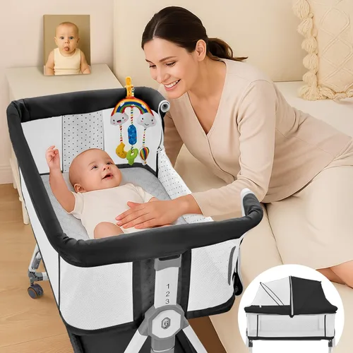 Vista 7 de Cuna para Bebé 4-en-1 para Colocar al Lado de la Cama, Cuna al Lado de la Cama con Ruedas, Cuna con 6 Alturas Ajustables con Colchón Suave