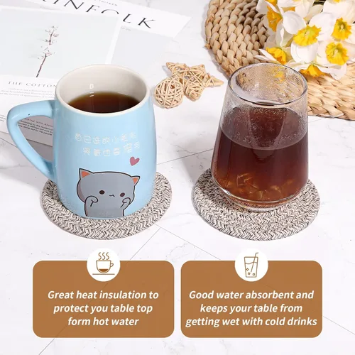 Vista 6 de Mckanti Paquete de 8 posavasos con soporte, posavasos absorbentes para mesa de café, juego de posavasos de algodón minimalista tejido