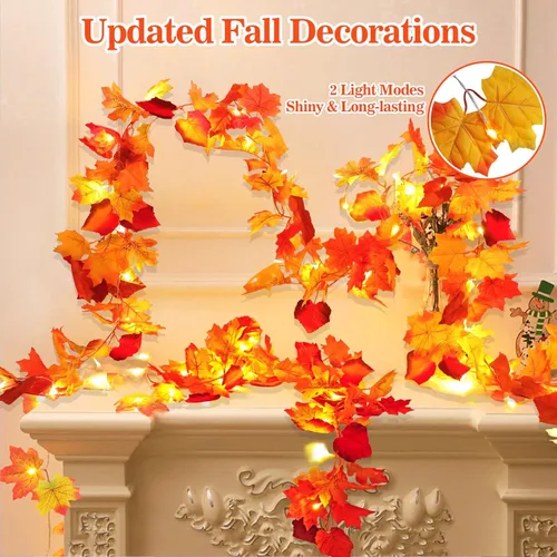 Vista 3 de Decoraciones de Acción de Gracias de 23.6 pies, decoración de otoño para el hogar, guirnalda de otoño iluminada, hojas de arce, 80 LED, decoraciones