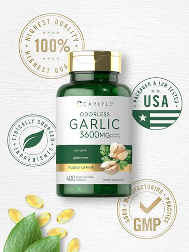 Vista 6 de Carlyle Suplemento de ajo inodoro 400 cápsulas blandas Pastillas de extracto de hierbas Fórmula sin OMG, sin gluten