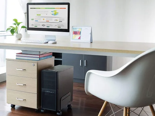 Vista 4 de Monoprice Soporte móvil de torre de PC de acero para computadora - Construcción de acero, recubrimiento en polvo negro - Colección Workstream, acero