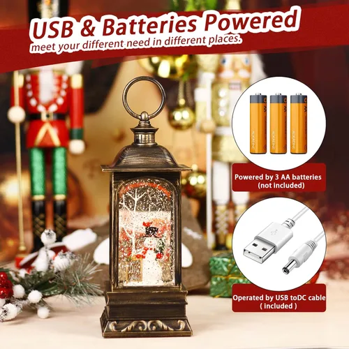 Vista 2 de Linterna de globo de nieve de Navidad, globo de nieve musical con purpurina giratoria, funciona con pilas, decoraciones navideñas para interiores