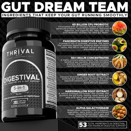 Vista 3 de Fórmula digestiva 5 en 1 para la salud intestinal: probióticos, prebióticos, enzimas, curación intestinal y alivio de la hinchazón con 53