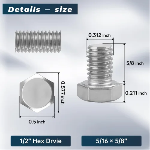 Vista 24 de 10 juegos Glvaner de tornillos de cabeza hexagonal de acero inoxidable 5/16-18 x 2", tuercas, arandelas planas y de seguridad, acero inoxidable 18-8